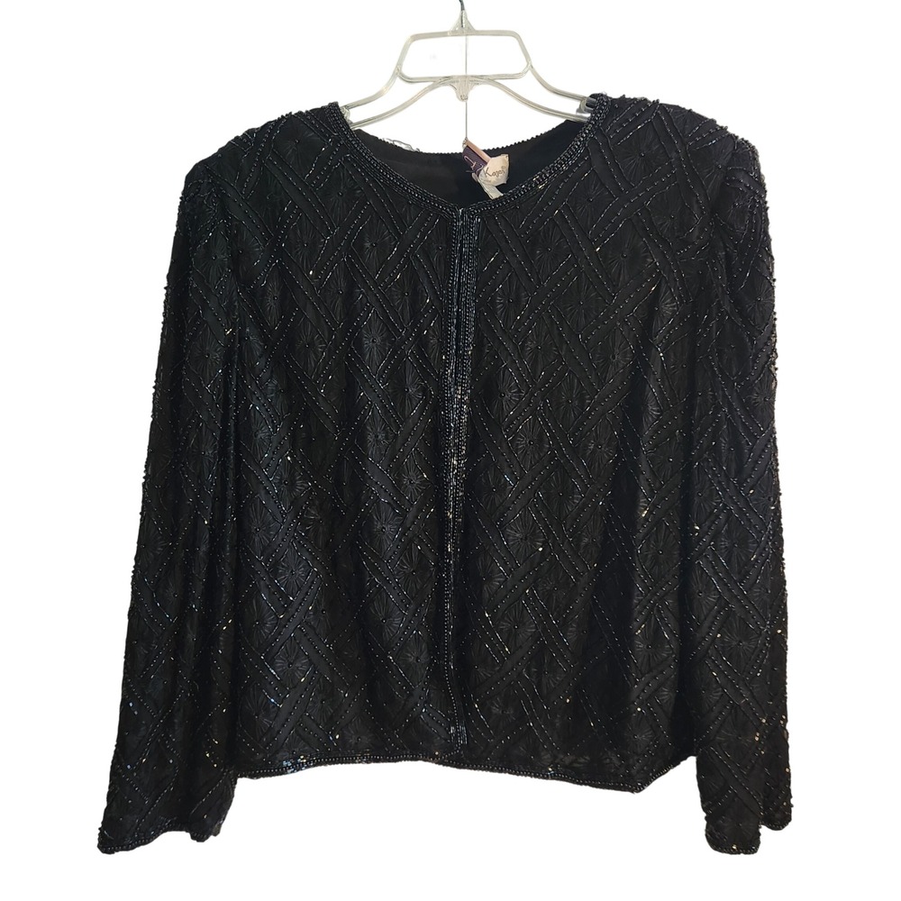 Laurence Kazar Black Beaded Silk Evening Jacket & Tank Set 1X XL Vintage